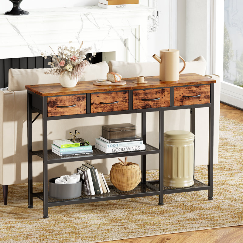 Console Table with 4 Fabric Drawers, Console Table Metal Frame Sofa Table with 3 Shelves for Living Room and Hallway