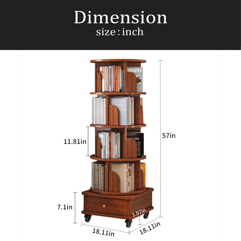 Rotating Bookshelf With Drawer, 360 Display 5 Tier Corner Bookshelf For Small Space, Floor Standing Bookcase Storage Rack, Wood Narrow Organizer For Bedroom, Living Room