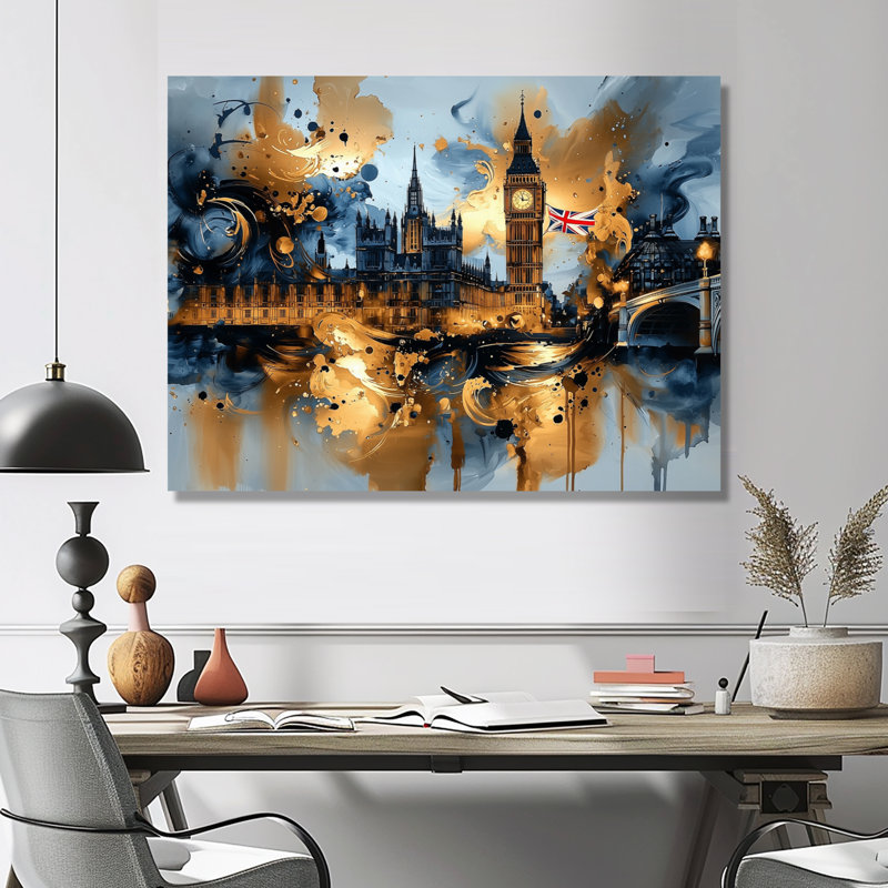 «London Big Ben Glow On Gold IV», impression murale sur métal Londres, H 30 po x l 40 po
