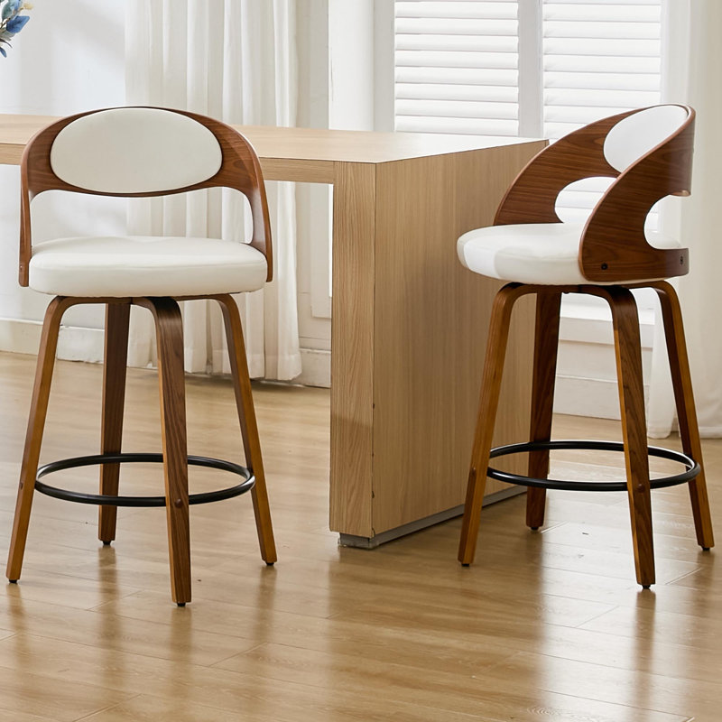 Modern Faux Leather Swivel 30'' Bar Stools , Wood Bar Stools with Footrest, White, Bar Stool (30" Seat Height)