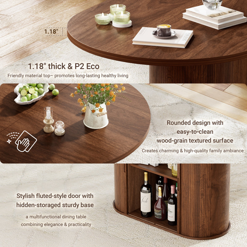 70x36 Extra Deep Dining Table for 6-8 with Fluted Base and Large Storage Cabinet Farmhouse Kitchen Dinner Table for Dining Room Kitchen