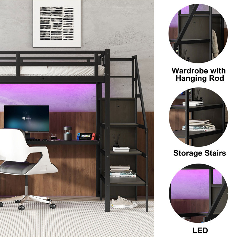 Metal Loft Bed with L-Shaped Desk, USB Charging, LED Light, Wardrobe and Adjustable Shelf, High Loft Bed Frame for Kids Teens Adults, Space Saving Study Bed, Black
