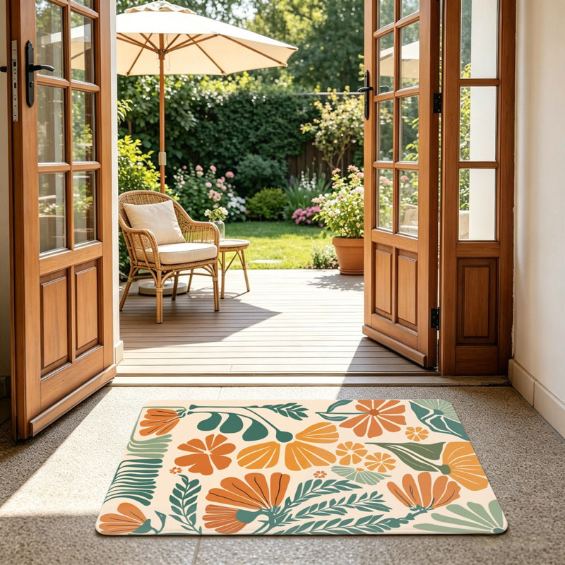 Orange Green Abstract Floral Floor Mat 24"x 36" for Front Door
