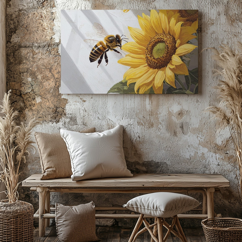 Art mural, tournesol et abeille, été, H 9 po x l 12 po