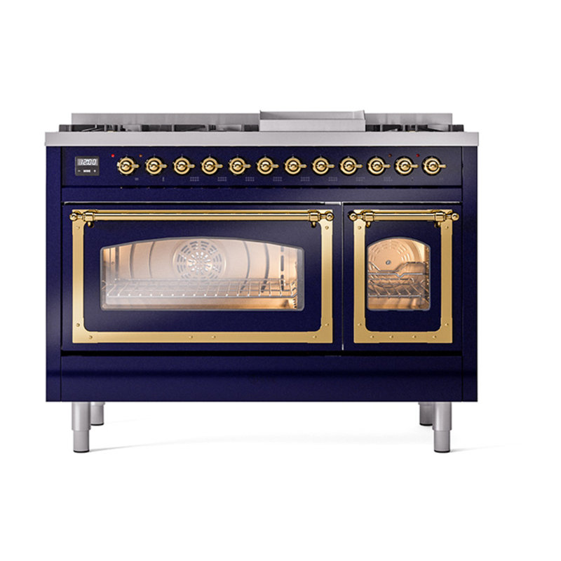 ILVE Nostalgie II Series Noblesse 48 inch Dual Fuel Range with 8 Sealed Burners, Griddle (Glass Door), Midnight Blue, Brass