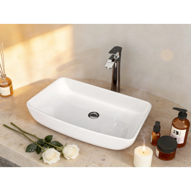 Vasque rectangulaire en porcelaine vitrifiée blanche de 61 x 38 cm (24 x 15 po), grand lavabo à poser avec bonde de 4,4 cm (1,75 po).