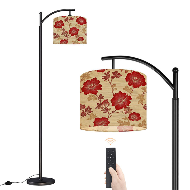 Arc Floor Lamp with Adjustable Lampshade Red Floral Gold Accents Beige Standing Lamp 3 Color Temperatures Dimmable Tall Pole Lamp with Foot Switch for Bedroom