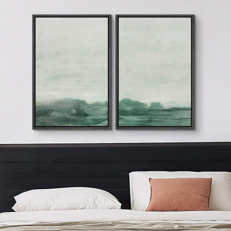 «Minimal Landscape Green Blue Landscape», reproduction de tableau encadrée sur toile 2 pièces, Noir