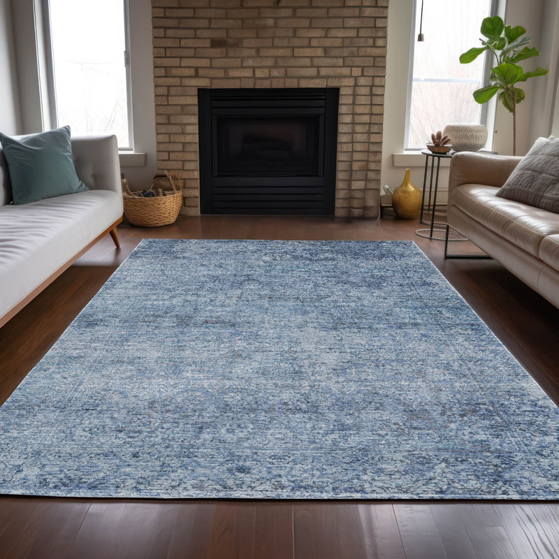 Tapis bleu intérieur / extérieur lavable à la machine Xhevrie, Rectangle 2 pi 6 po x 3 pi 10 po
