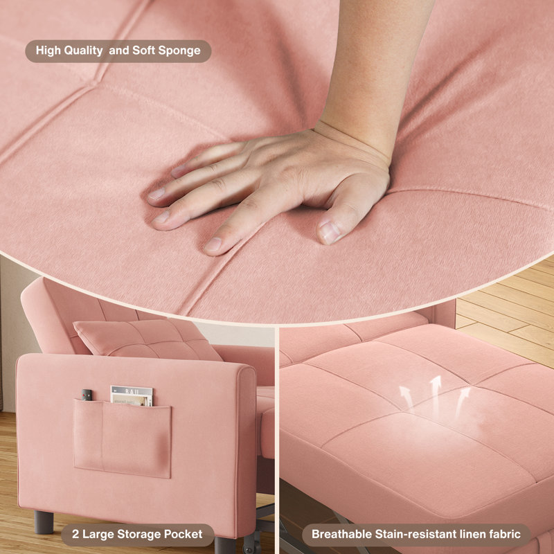 Pink Linen Blend Convertible Accent Recliner Chair with Pillow