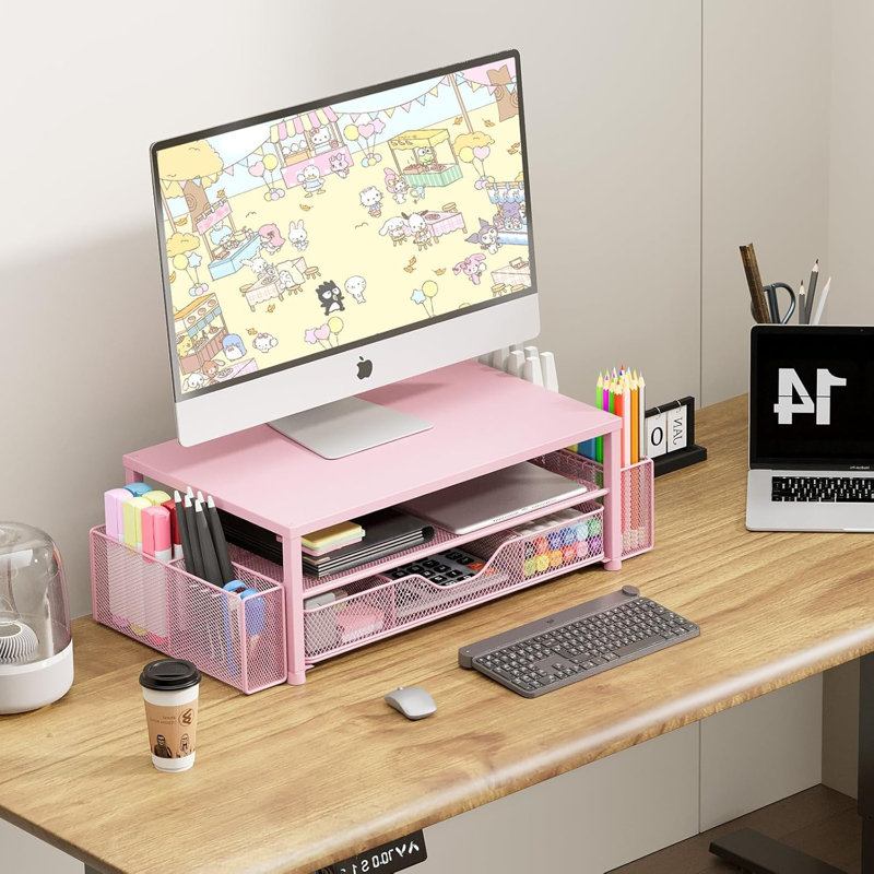 Support pour écran 2 niveaux avec tiroir et porte-stylos rose