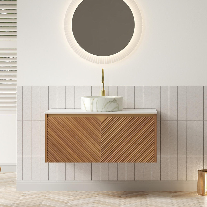 Wall-Mounted Bathroom Vanity, 30", Carrara White, Brown Oak