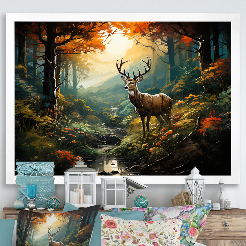 Vert et brun, cerf dans la forêt, impression d'art animalier mural, H 34 po x l 44 po x P 1,5 po, Cadre de coin blanc fermé