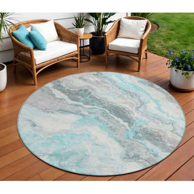 Tapis d'extérieur rond lavable abstrait bleu sarcelle et argenté 8 pi