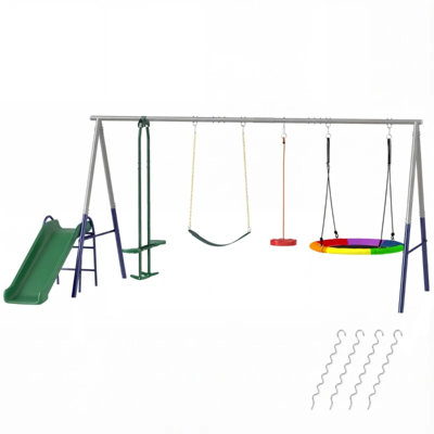 Portique de jeux extérieur pour enfants, centre de jeux 5 en 1 avec glissade, balançoire pour nid et planeur, structure de jeu robuste en acier en forme de A, balançoires extérieures réglables en hauteur pour plusieurs enfants de 3 à 8 ans, équipement de jeux extérieur résistant aux intempéries et à la rouille