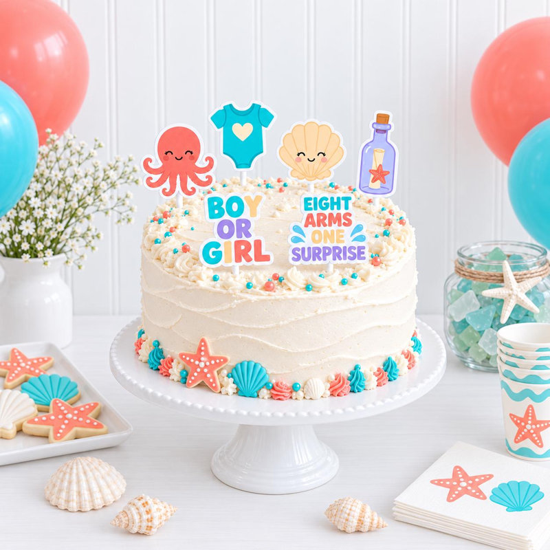 Décorations de gâteau « Huit bras, une surprise » pour révélation du sexe du bébé : pieuvres, figurines en carton sur le thème de l’océan (garçon ou fille), ensemble de 6