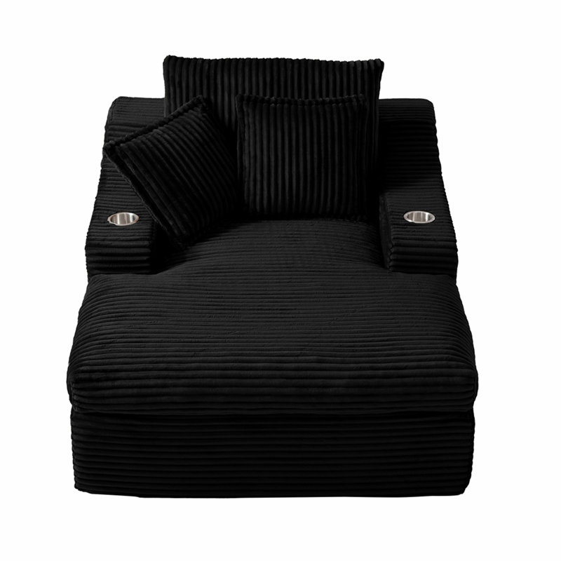 Très grande méridienne intérieure, canapé-lit rembourré 67 po avec porte-gobelets et 3 coussins, Black