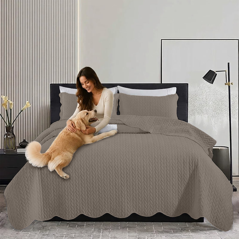 Microfiber Embossed Bedspread Set, Beige, California King Bedspread + 2 King Shams