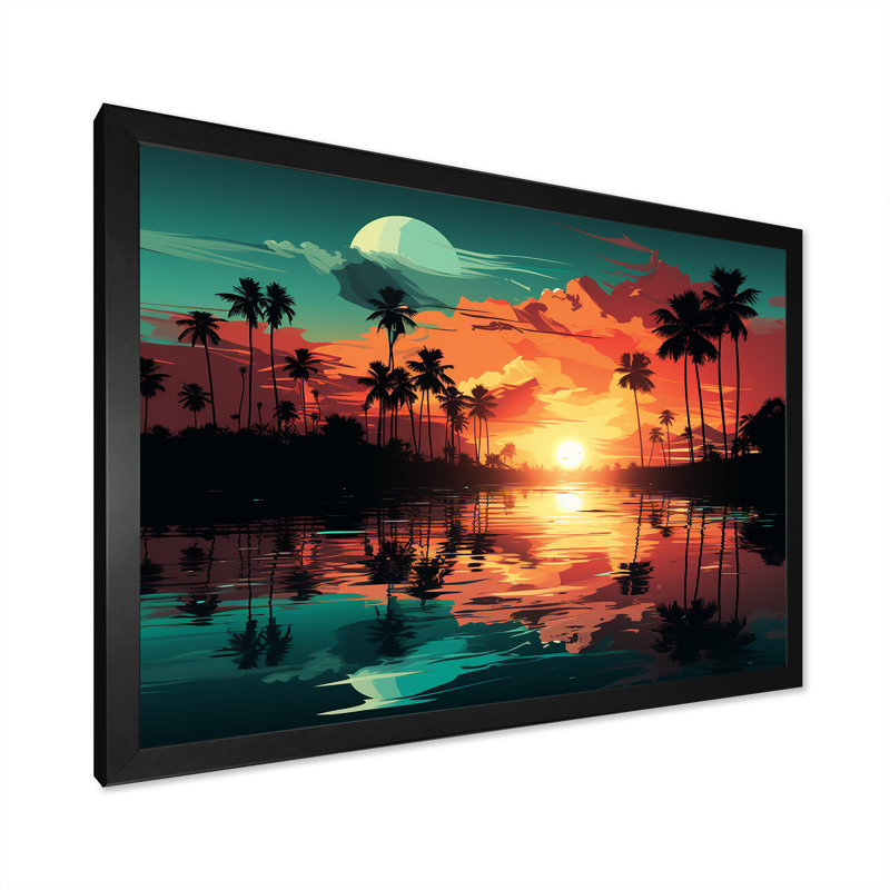 Coucher de soleil orange «Bold Landscape II - Coastal Sunset», art mural, Cadre d'angle fermé noir