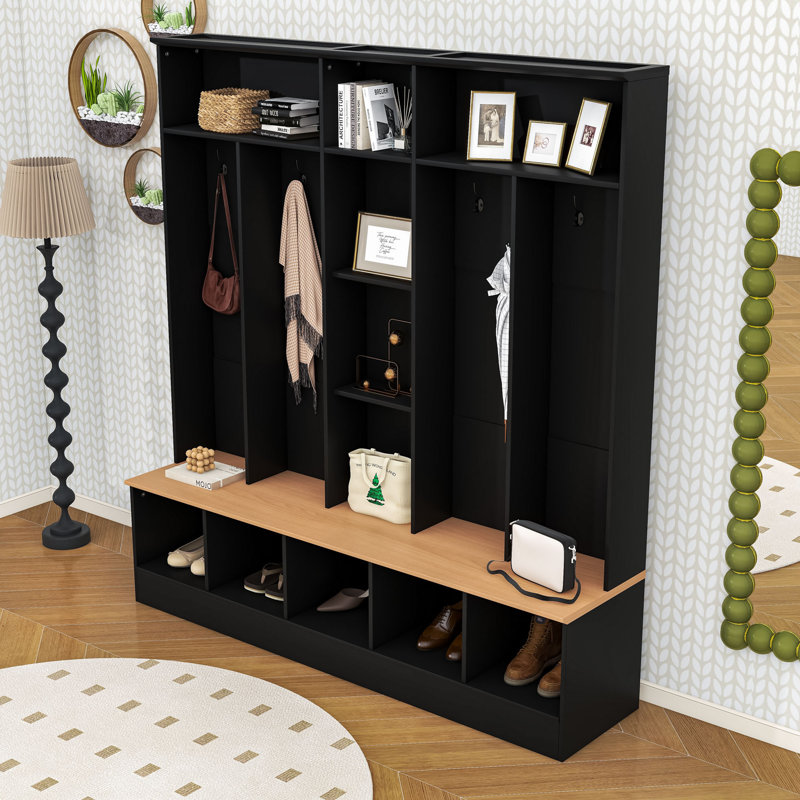 Elegant Hall Tree with Wood-Grain Finish, Shoe Bench, Storage Cubes & Shelves, Black