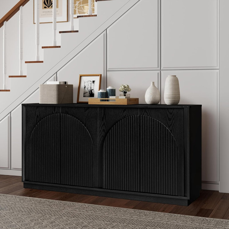 AWE-LW25661-BLACK Four-Door Recessed Double-Layer Arched Dining Cabinet, Black. Product Dimensions: 164x40x80CM (including feet).