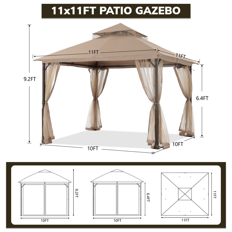 Steel Patio Gazebo The Soft Roof, 110" H x 132" W x 132" D, Khaki
