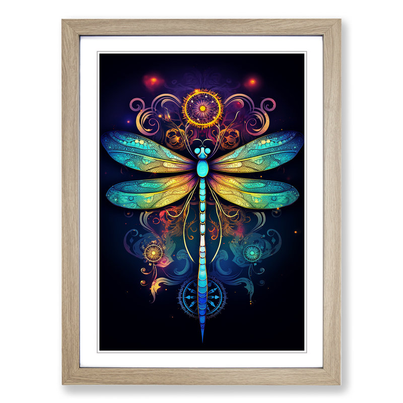 XYZ-FRM-V1223-564 Dragonfly Line - Single Picture Frame Print on Wood, Oak, 64cm H x 46cm W x 2cm D