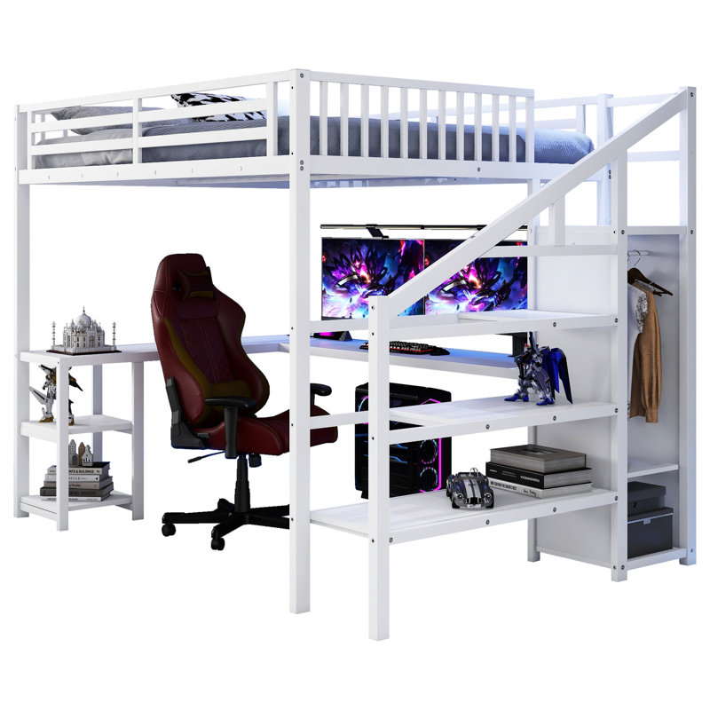 Grand lit mezzanine en métal avec télécommande - vitesse à DEL réglable, chargement et sous-rangement blanc couleurs statiques, vertical