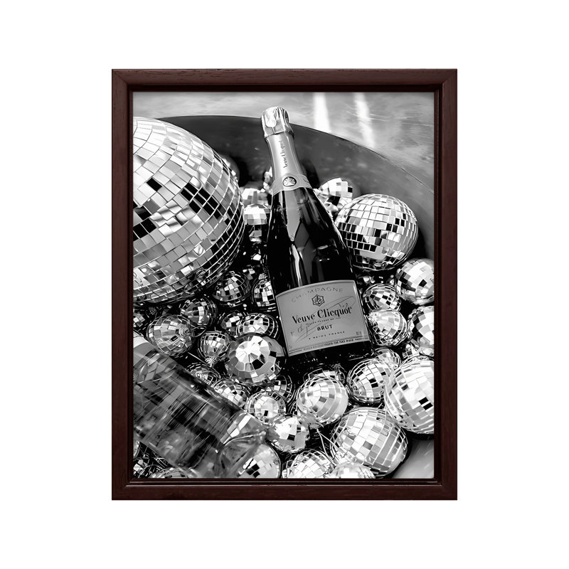 Champagne et boules disco, Canvas, 11"H x 14"W, Brown Framed