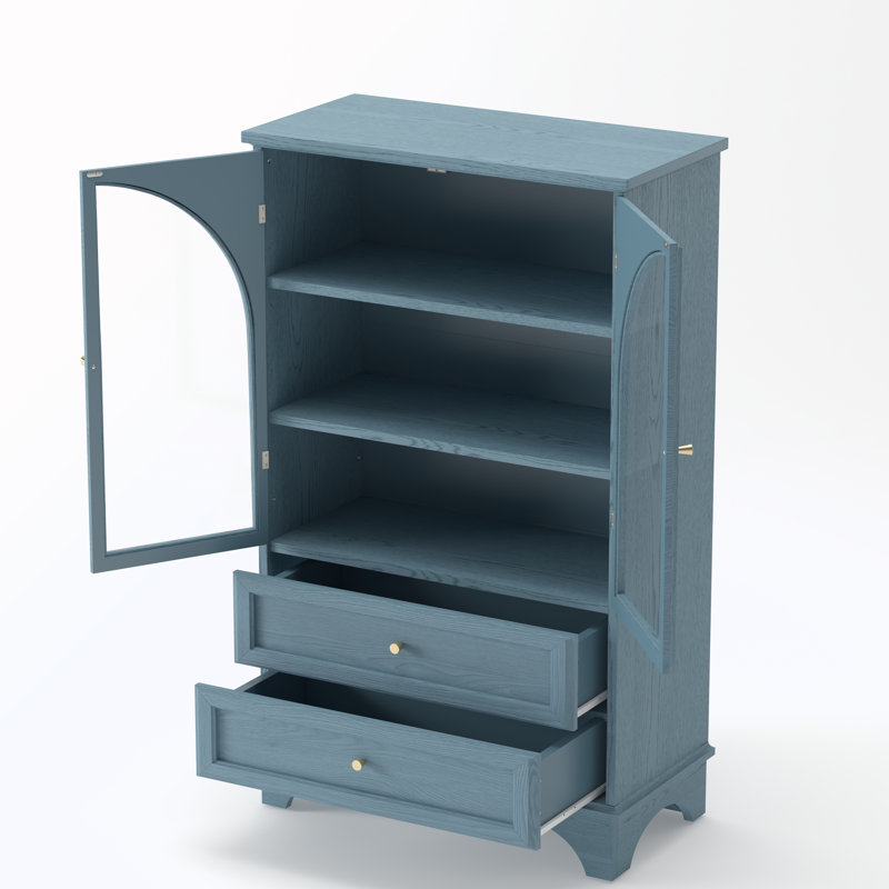 Armoire à porte vitrée avec 2 tiroirs et tablette ajustable, Bleu