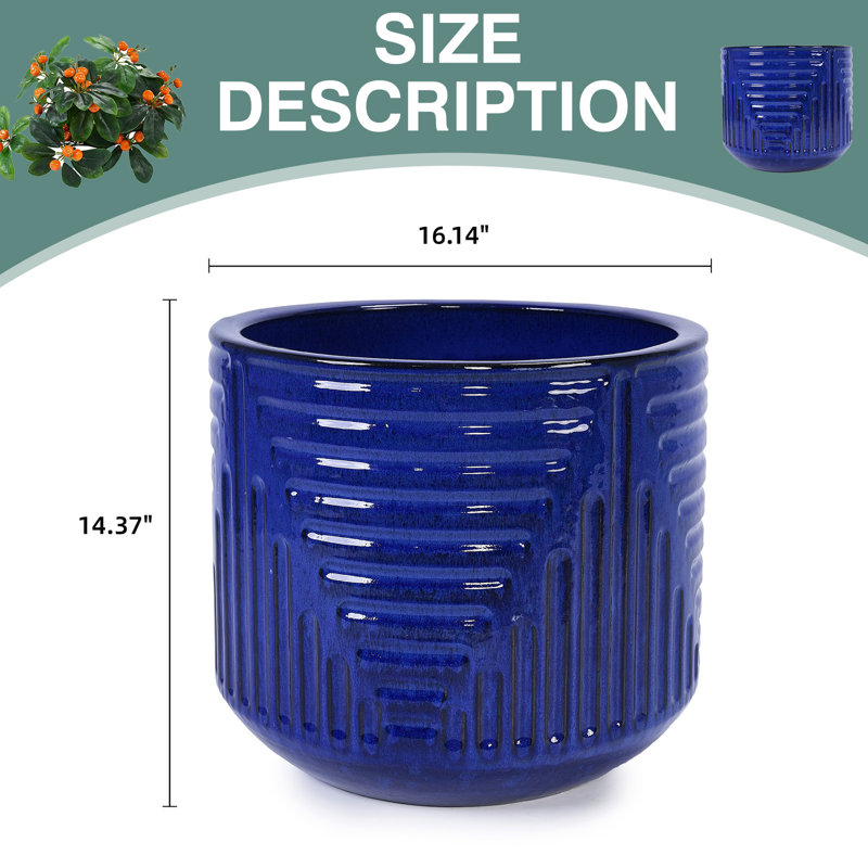  16.14Inch Pot for Plants, Cylinder Ceramic Planter, Indoor Plant Pots with Drainage Hole, Handmade Breathable Clay for Monstera Fiddle Leaf Fig, Outdoor Doorway Decor (Cyan)
