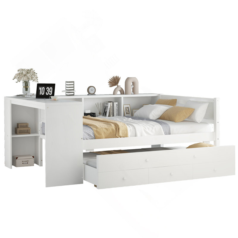 Functional Twin Daybed with Trundle, Storage Drawers, Side Shelves and Desk, Ideal for Space - Saving and Comfortable Living