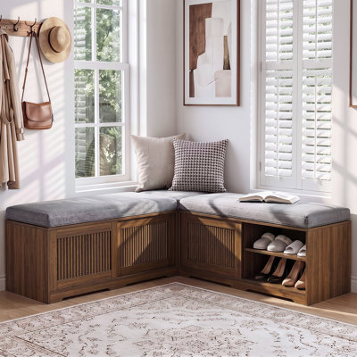 L-Shaped Bench With Sliding Doors & 2 Adjustable Shelves, Corner Storage Bench with Gray Cushions, Walnut
