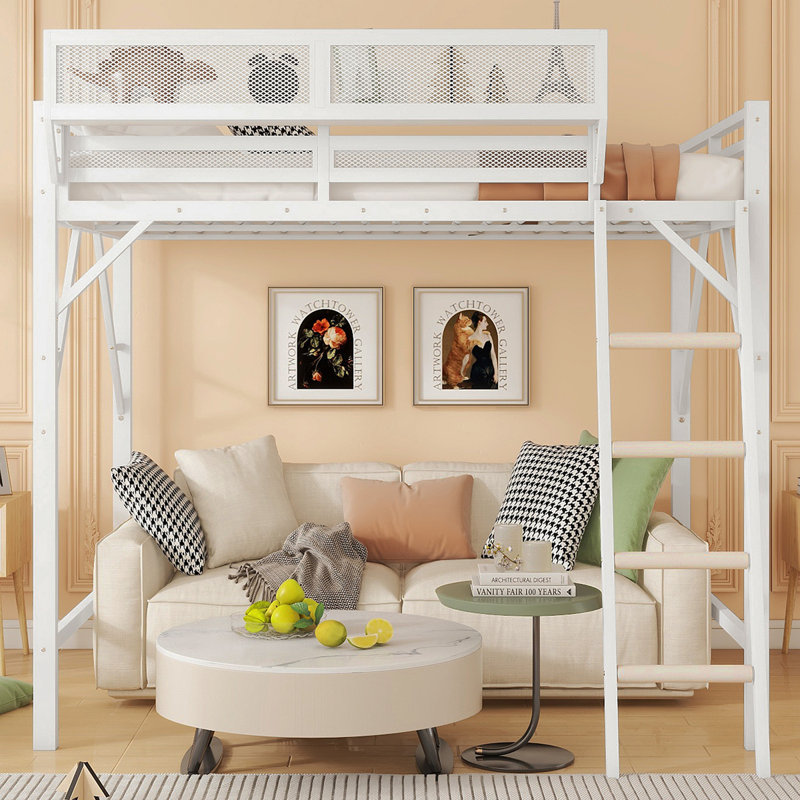 Queen Size Loft Bed With Ladder, Metal Queen Loft Bed With Storage Shelves, High Loft Bed For Kids Teens, White(Expect Arrival Date 2025/12/3  Old SKU W2580P351278)