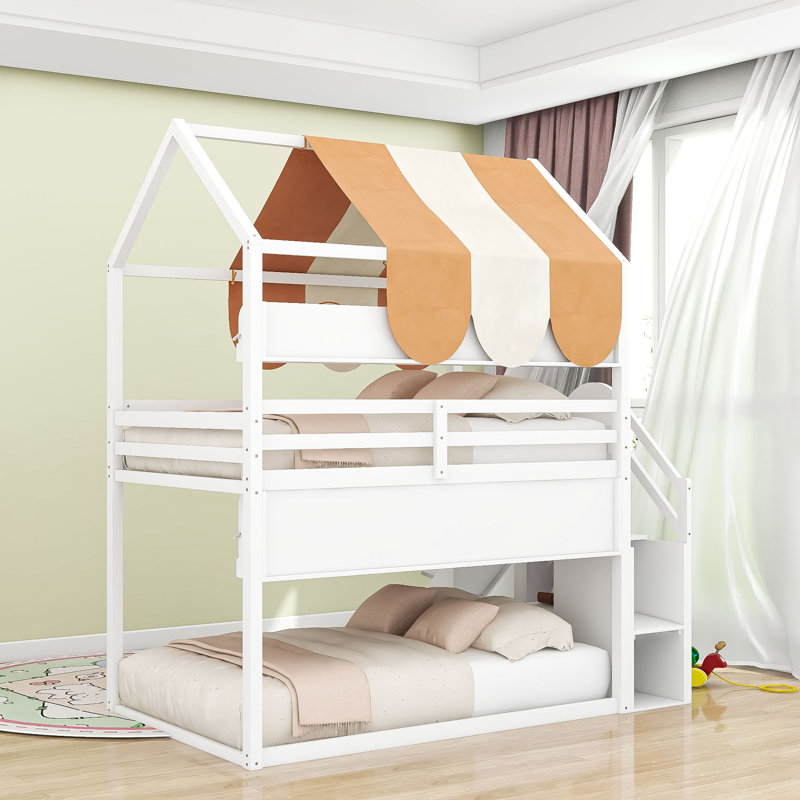 Lit mezzanine en bois avec glissade et tablettes, Blanc