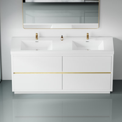 De meuble-lavabo autoportant blanc brillant avec dessus en résine de pierre, armoire de rangement avec tiroirs à fermeture en douceur, 24v14-72gw
