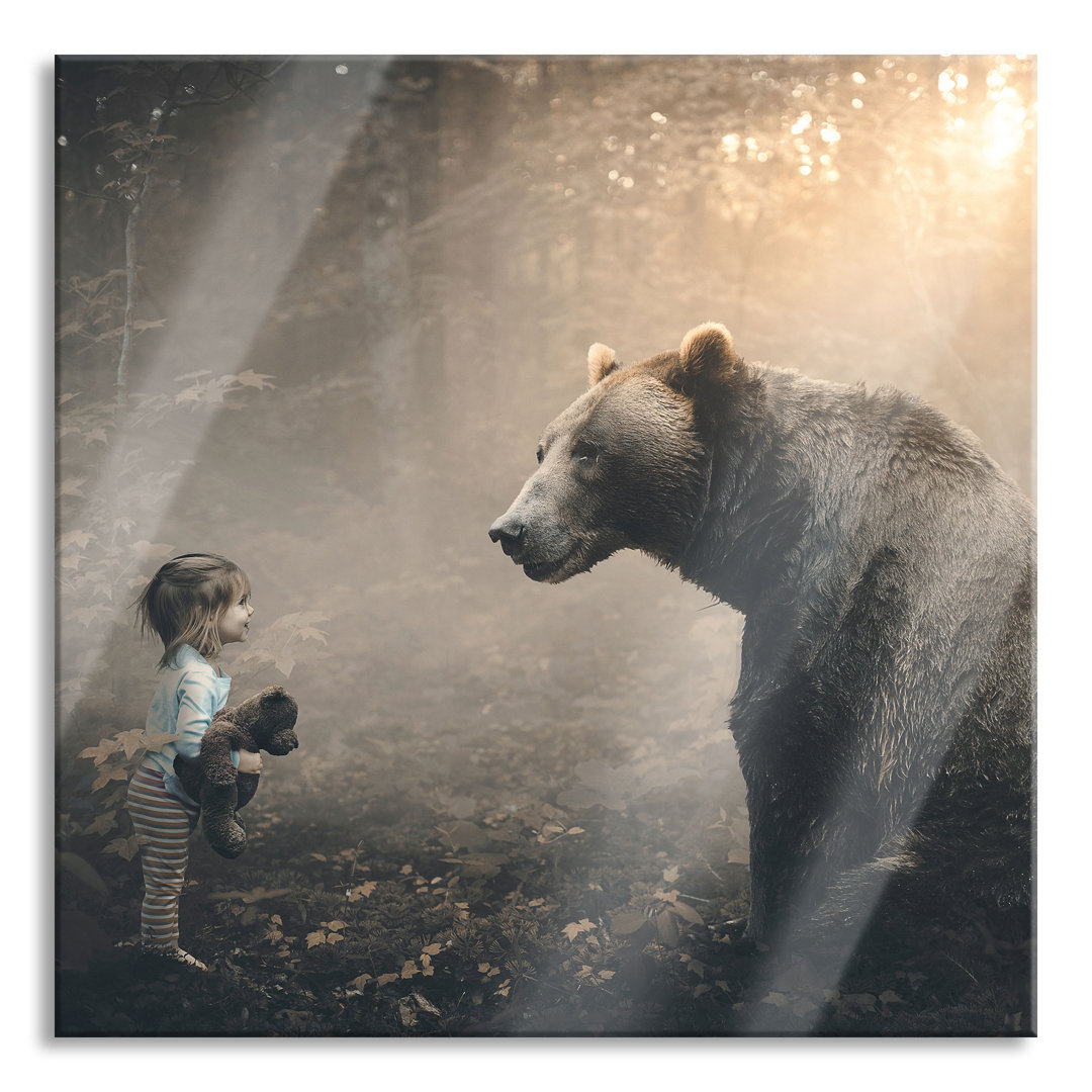 Glasbild Mädchen mit Teddy und Bär im Wald