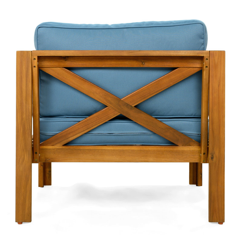 Outdoor Acacia Wood Club Wooden Armchair With Cushions (Set Of 2), Conversation Set,Teak Finish, Cushion, Blue, 2