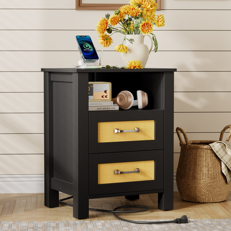 Nightstands With Charging Station - 2 Rattan Drawers, 3-tier Design, Usb/type-c Ports (set Of 2 Or Single), Black, Individual