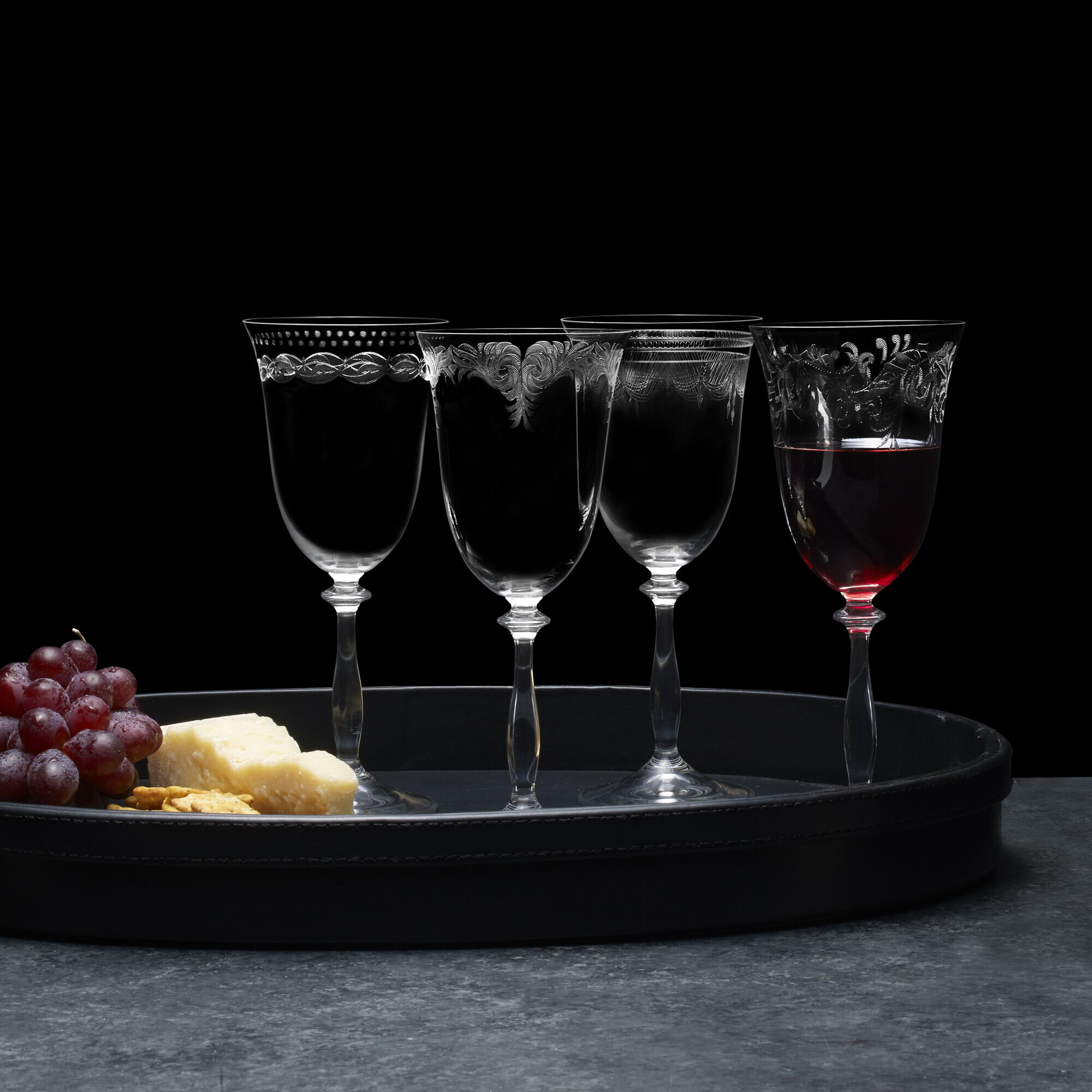 5 Vintage Acid Etched Crystal Water Goblet - Wine Glasses