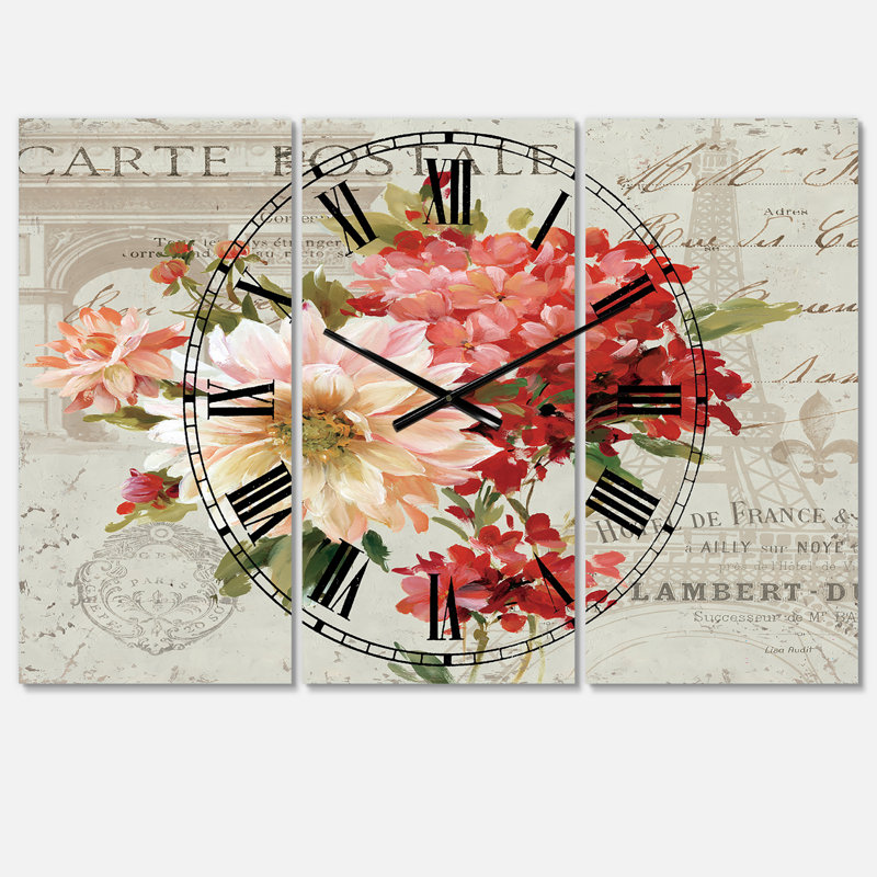 Fleurs rouges peintes sur une carte postale rétro I - horloge murale traditionnelle