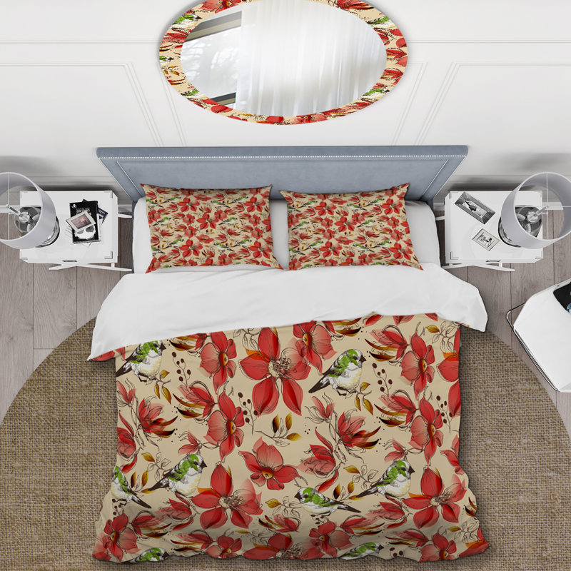 Fleurs rouges et oiseaux - Ensemble de housse de couette Cabin & Lodge, Housse de couette pour très grand lit et 2 très