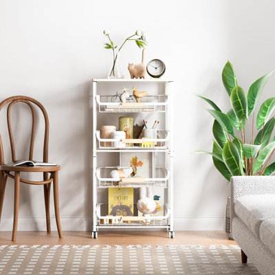 Fruit Basket For Kitchen, 5-Tier Slide Out Storage Baskets Carts Organizers Drawers With Wood Top Table With Rolling Wheels For Snacks Vegetables Vian