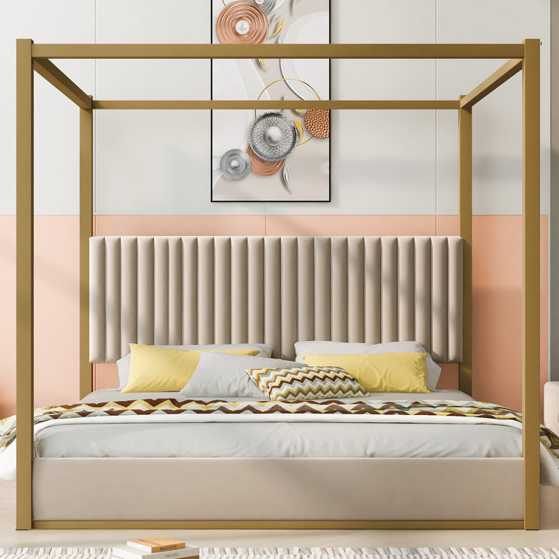 King Size Upholstered Canopy Platform Bed with Velvet Headboard, Solid Wood & Metal Frame, Modern 4-Poster Bed, Beige, Beige