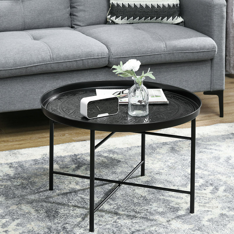 Table basse ronde vintage en métal martelé de 24 po. Pour le salon, la chambre à coucher. Qualité et chic, finition noire. Élégante