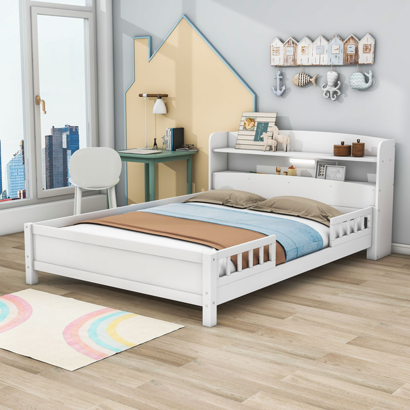 Lit plateforme simple en bois avec éclairage à DEL intégré et rangement, Blanc, Complète