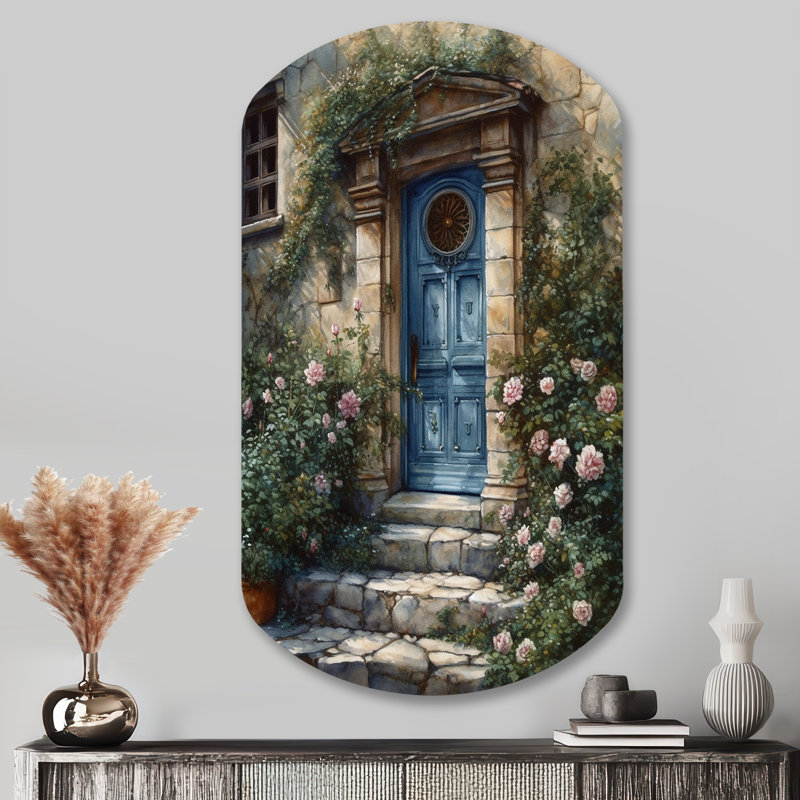 Porte de jardin bleue et verte - Décoration murale irrégulière en forme de cylindre floral, H 43 po x l 23 po
