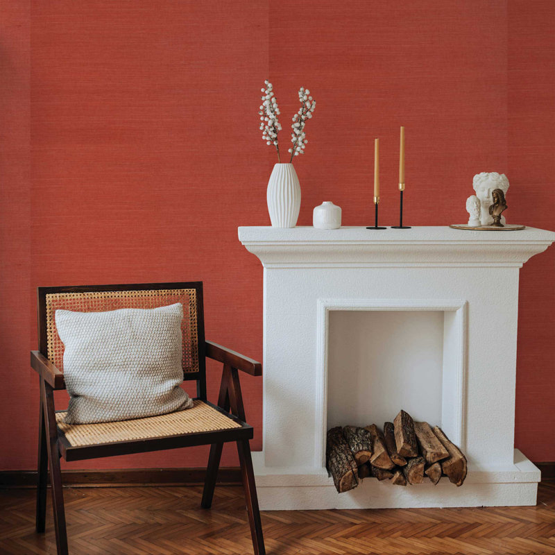 Sisal Monochromatic Authentic Grasscloth Wallpaper, Deep Coral Red