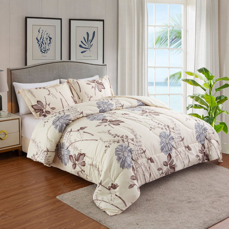 Marina Decoration Home Decor Bedding Comforters Bedroom Duvet Soft Fluffy Goose Down Alternative Plush Boho 3 Piece Printed Comforter Set, Blue Chrysanthemum Floral Cream Base Pattern Queen/Full Size