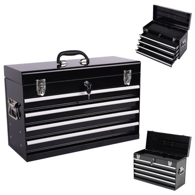 Portable Metal Tool Box 21-inch With 4 Drawers, Bearing Slide System, And Powder Coated Surface For Easy Maintenance Padding Vibration Absorption